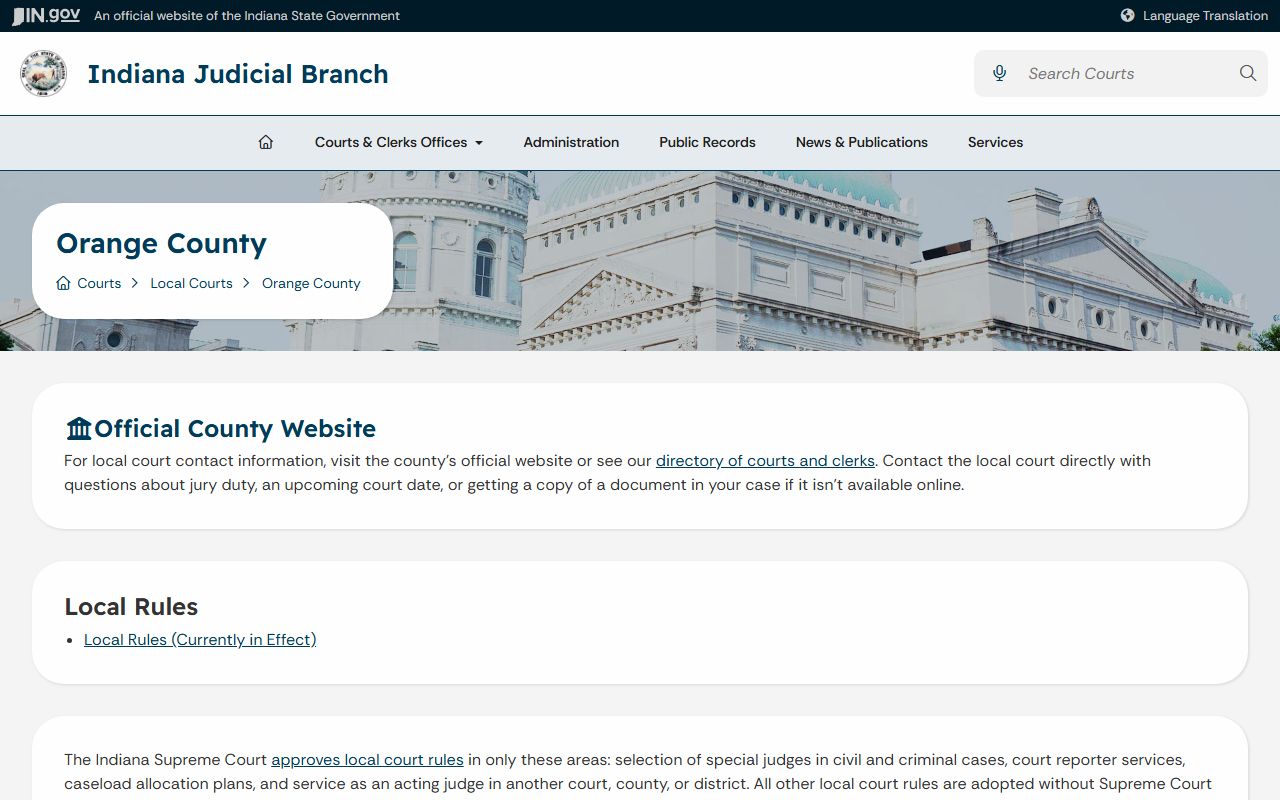Orange County court records Indiana Judicial Branch local court page