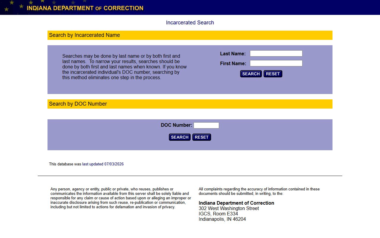 Orange County inmate records Indiana Department of Correction search