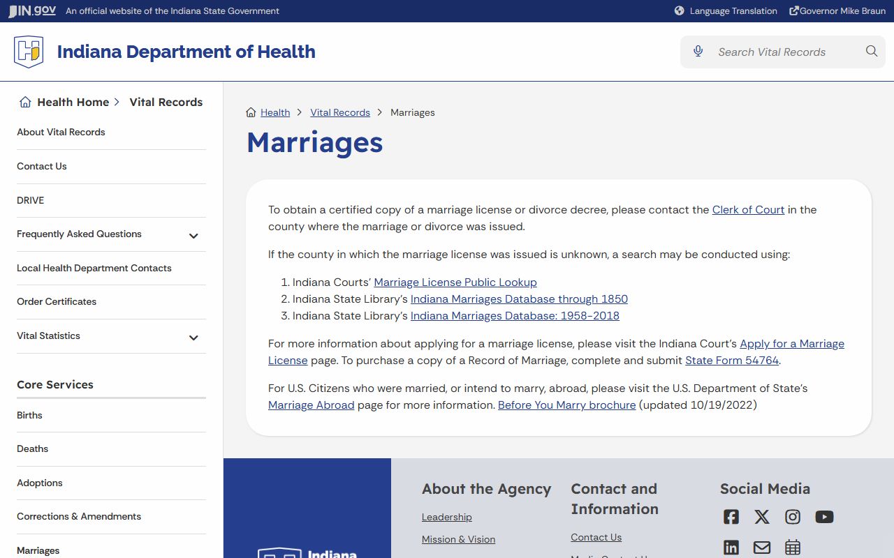 Orange County marriage and divorce records Indiana Department of Health certified copy guidance