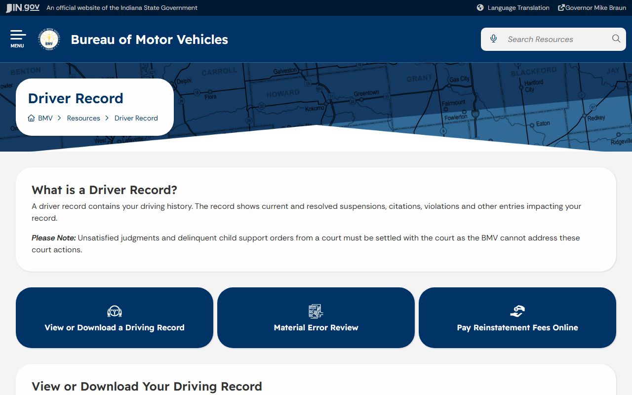 Orange County traffic court records Indiana BMV driver record page
