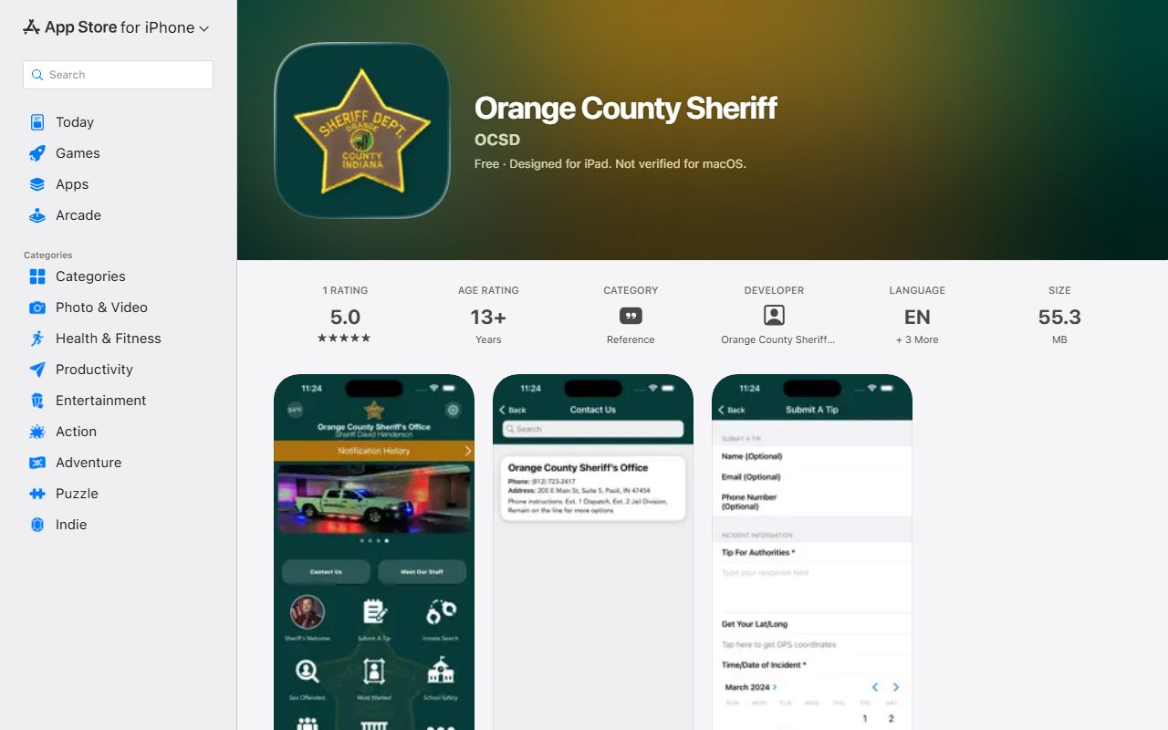 Orange County warrant records Apple App Store sheriff app listing